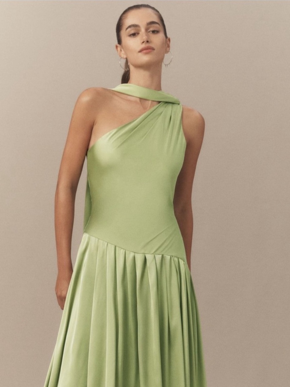 BHLDN Green One-Shoulder Scarf Neck Asymmetric Maxi Dress